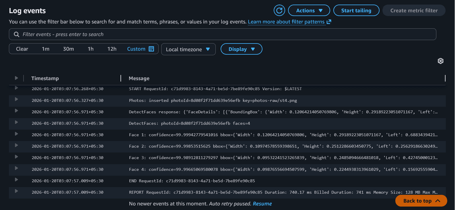 DetectFaces output with boundingBox and confidence score for each face