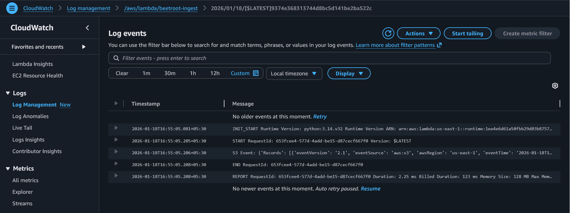 CloudWatch S3 Trigger Logs
