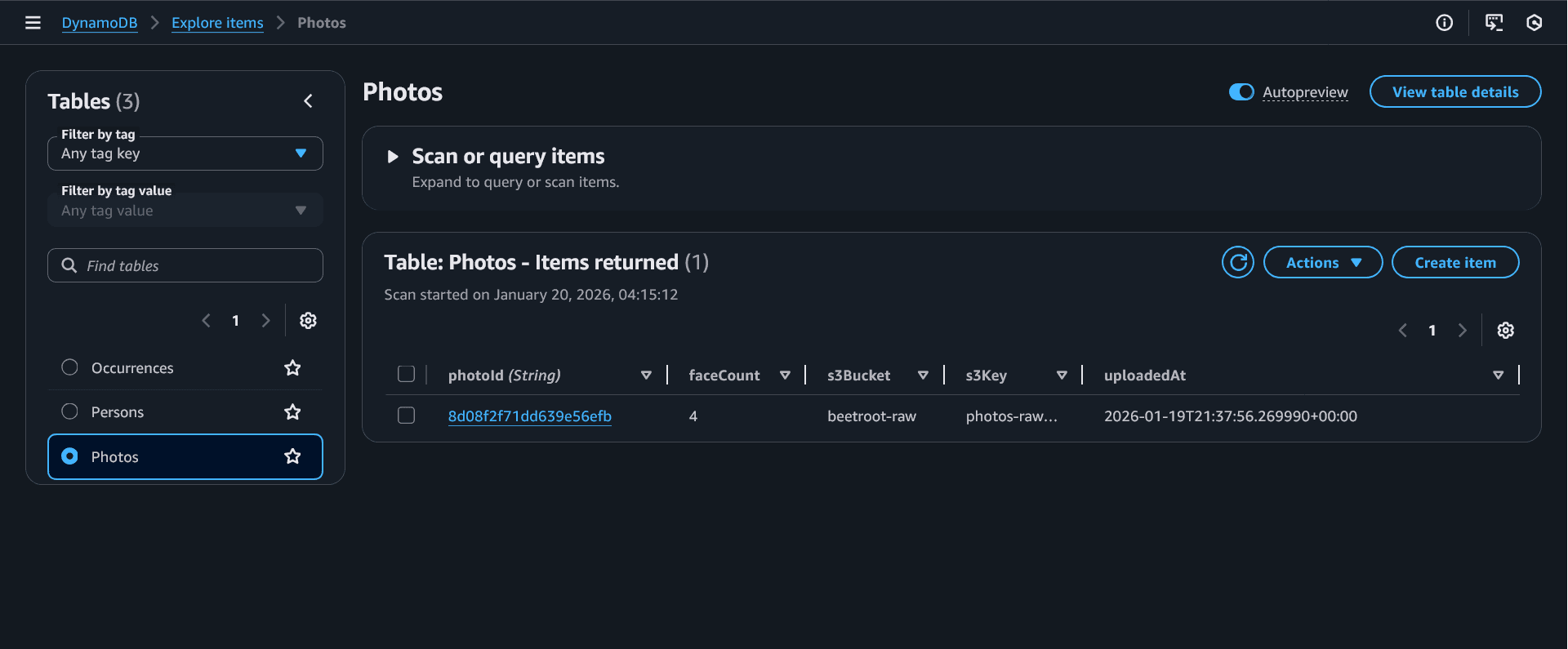 Photos table in DynamoDB with faceCount and other attributes