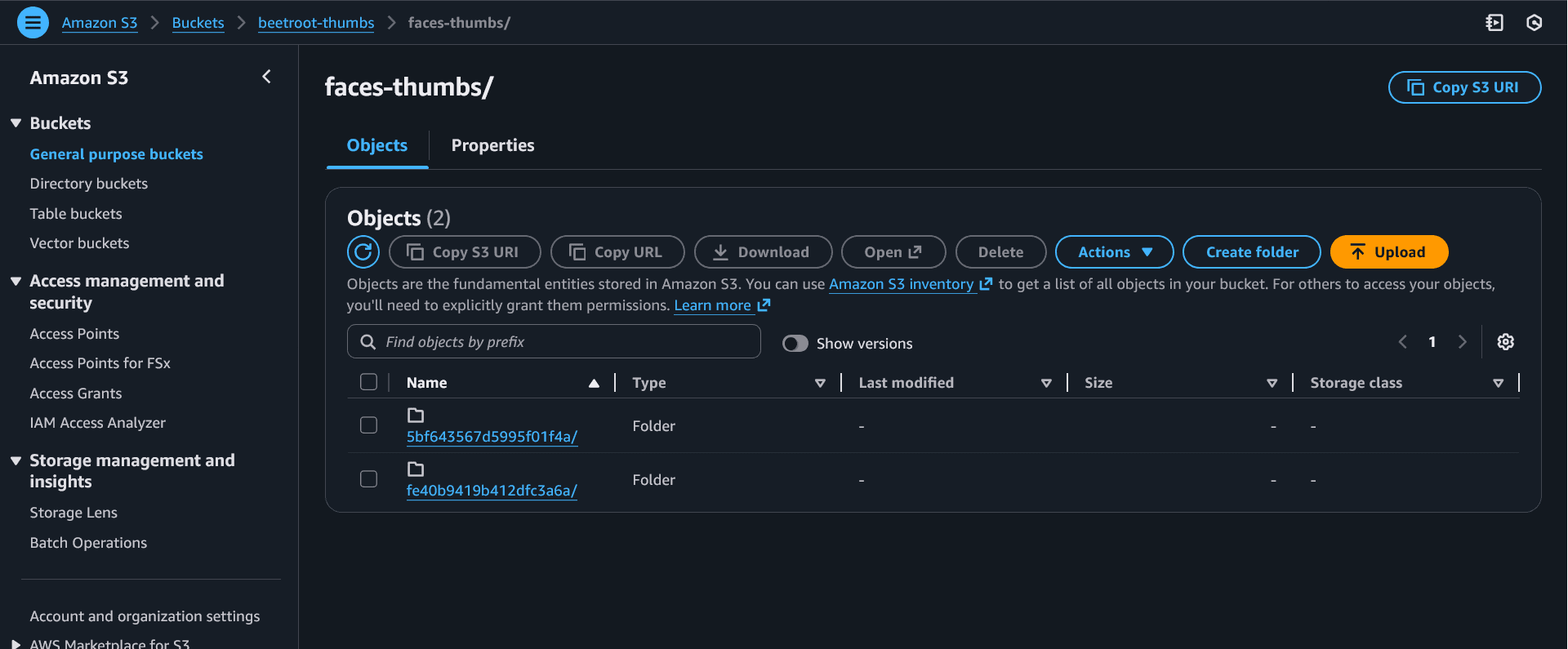beetroot-thumbs S3 bucket prefix faces-thumbs